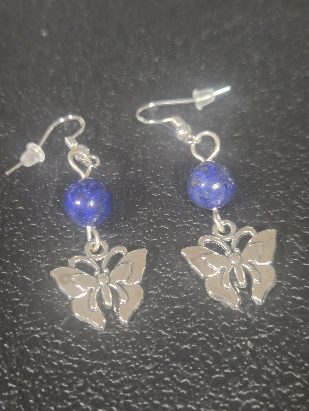 Handcrafted Silver Butterfly Drop Earrings with Blue Lapis Lazuli⁰ Bead